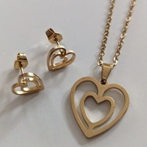 Gold Stainless Steel Heart Pendant Necklace and Earrings Set